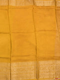 Dola silk fancy saree golden yellow color allover stripes & zari border with short pallu and attached contrast blouse
