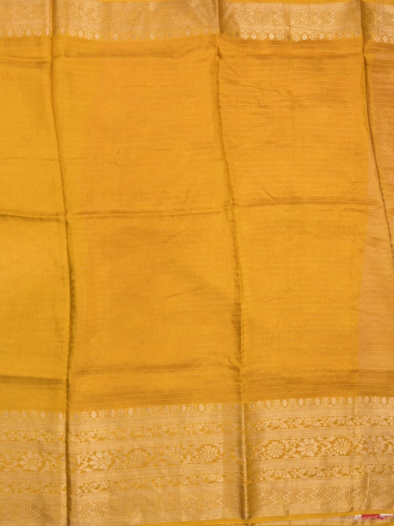 Dola silk fancy saree golden yellow color allover stripes & zari border with short pallu and attached contrast blouse