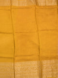 Dola silk fancy saree golden yellow color allover stripes & zari border with short pallu and attached contrast blouse