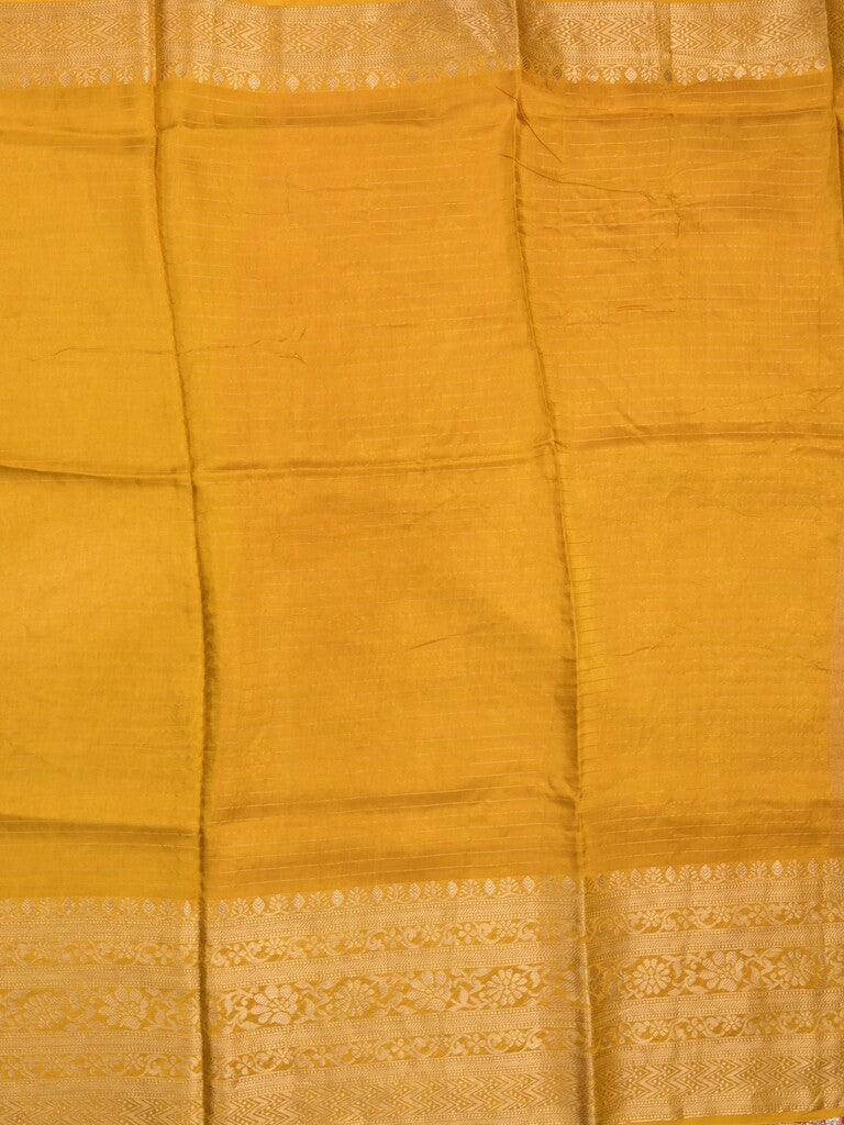 Dola silk fancy saree golden yellow color allover stripes & zari border with short pallu and attached contrast blouse