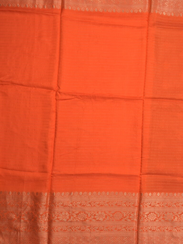 Dola silk fancy saree orange color allover stripes & zari border with short pallu and attached contrast blouse