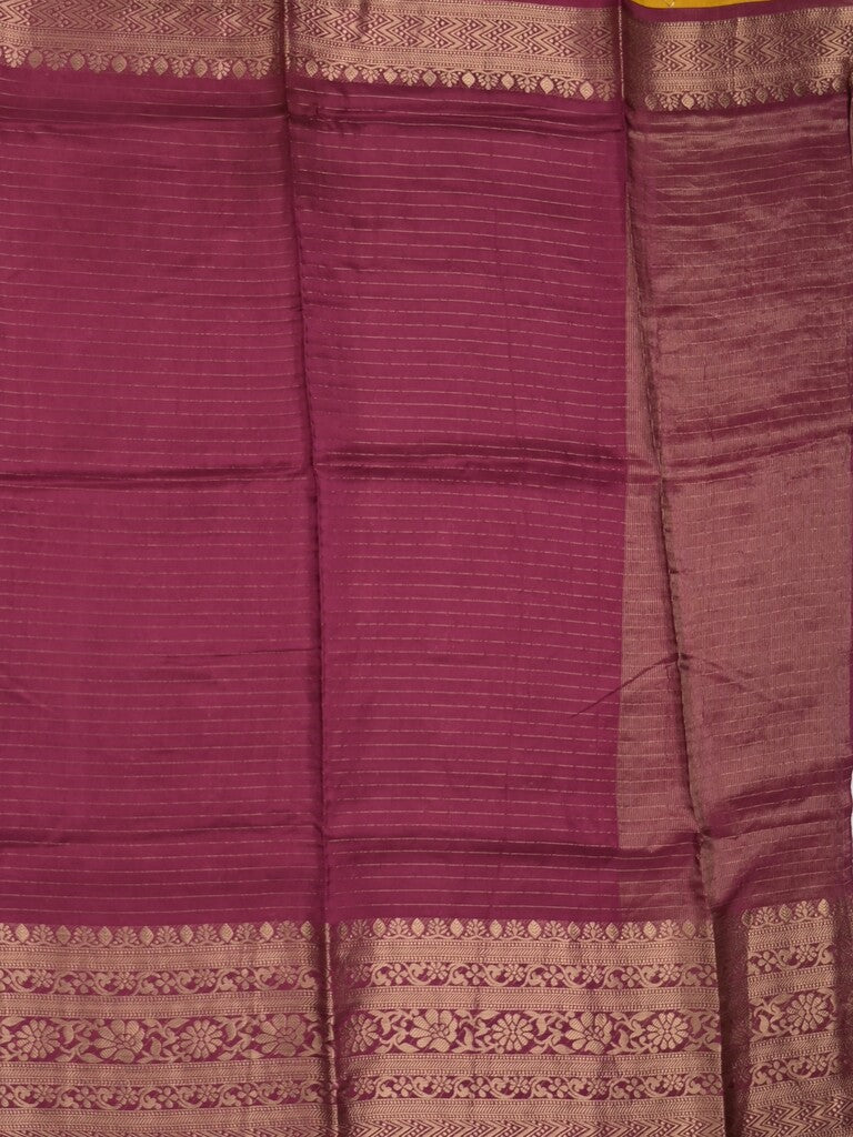 Dola silk fancy saree magenta color allover stripes & zari border with short pallu and attached contrast blouse