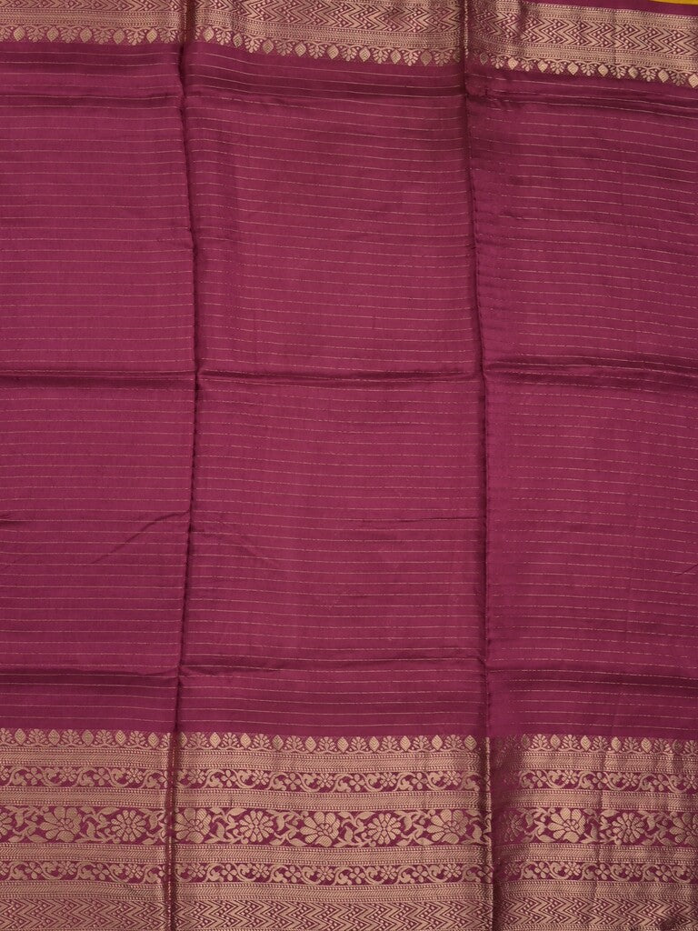 Dola silk fancy saree magenta color allover stripes & zari border with short pallu and attached contrast blouse