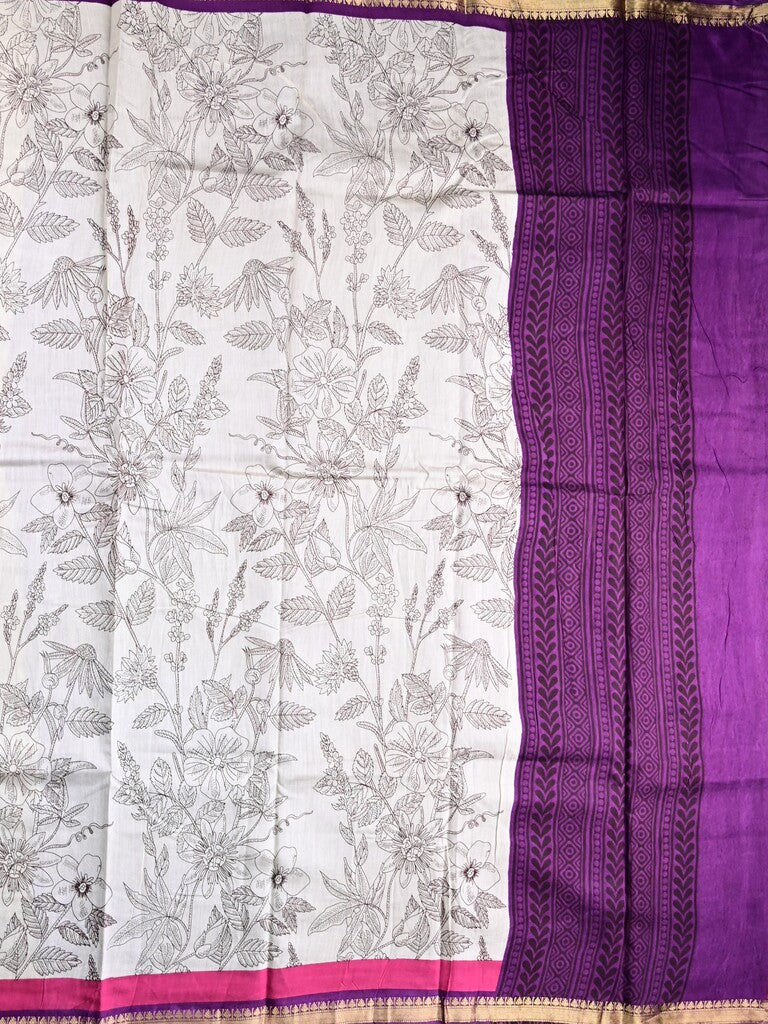 Maheswari fancy saree white color allover prints & zari border with short pallu and plain contrast blouse