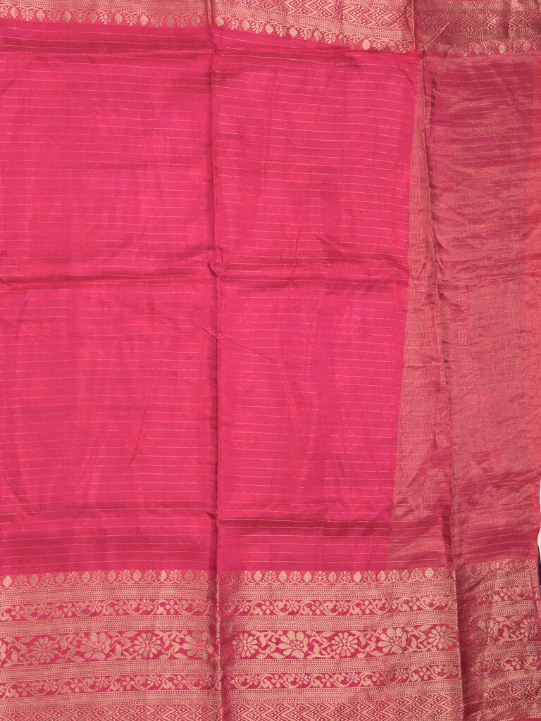 Dola silk fancy saree pink color allover stripes & zari border with short pallu and attached contrast blouse