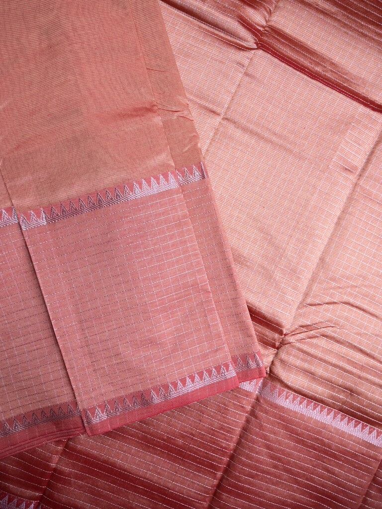Mangalagiri fancy saree peach color allover plain & zari kaddi border with checks pallu and self blouse
