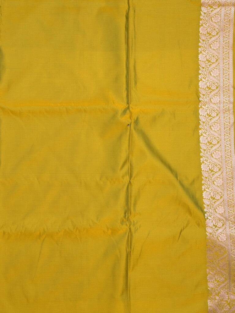 Satin silk fancy saree yellowish green color allover motifs & zari border with rich pallu and attached blouse