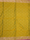 Satin silk fancy saree yellowish green color allover motifs & zari border with rich pallu and attached blouse