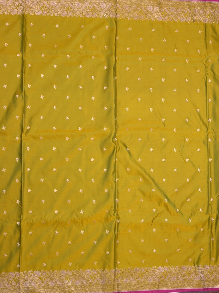 Satin silk fancy saree yellowish green color allover motifs & zari border with rich pallu and attached blouse
