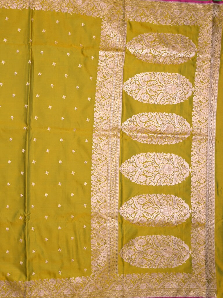 Satin silk fancy saree yellowish green color allover motifs & zari border with rich pallu and attached blouse