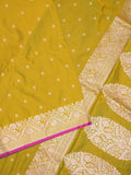 Satin silk fancy saree yellowish green color allover motifs & zari border with rich pallu and attached blouse