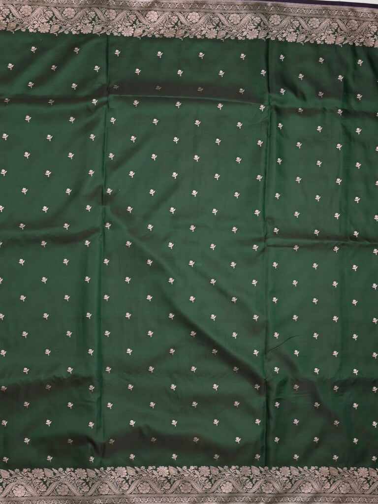 Satin silk fancy saree dark green color allover motifs & zari border with rich pallu and attached blouse