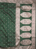 Satin silk fancy saree dark green color allover motifs & zari border with rich pallu and attached blouse