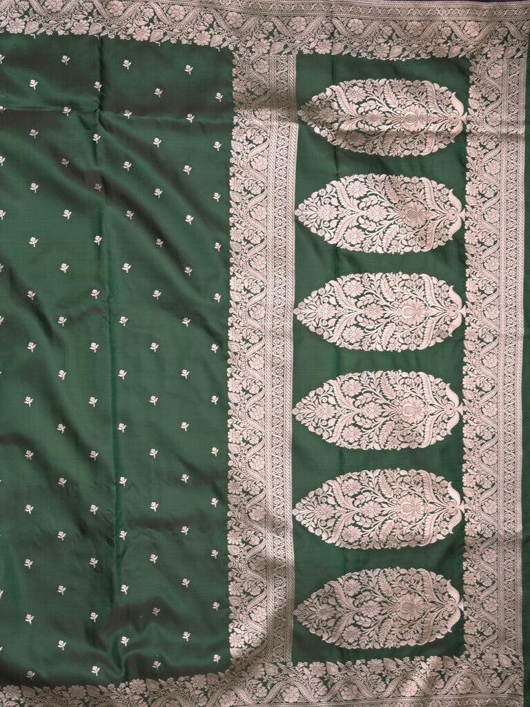 Satin silk fancy saree dark green color allover motifs & zari border with rich pallu and attached blouse