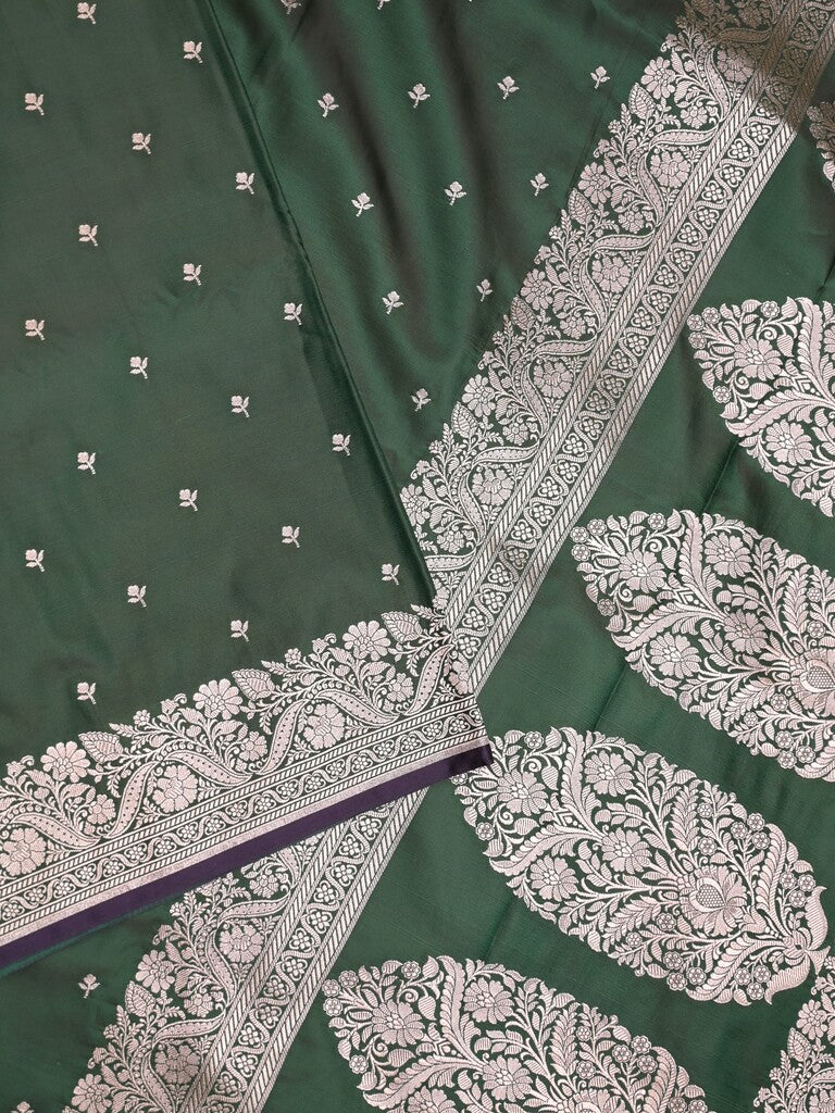 Satin silk fancy saree dark green color allover motifs & zari border with rich pallu and attached blouse