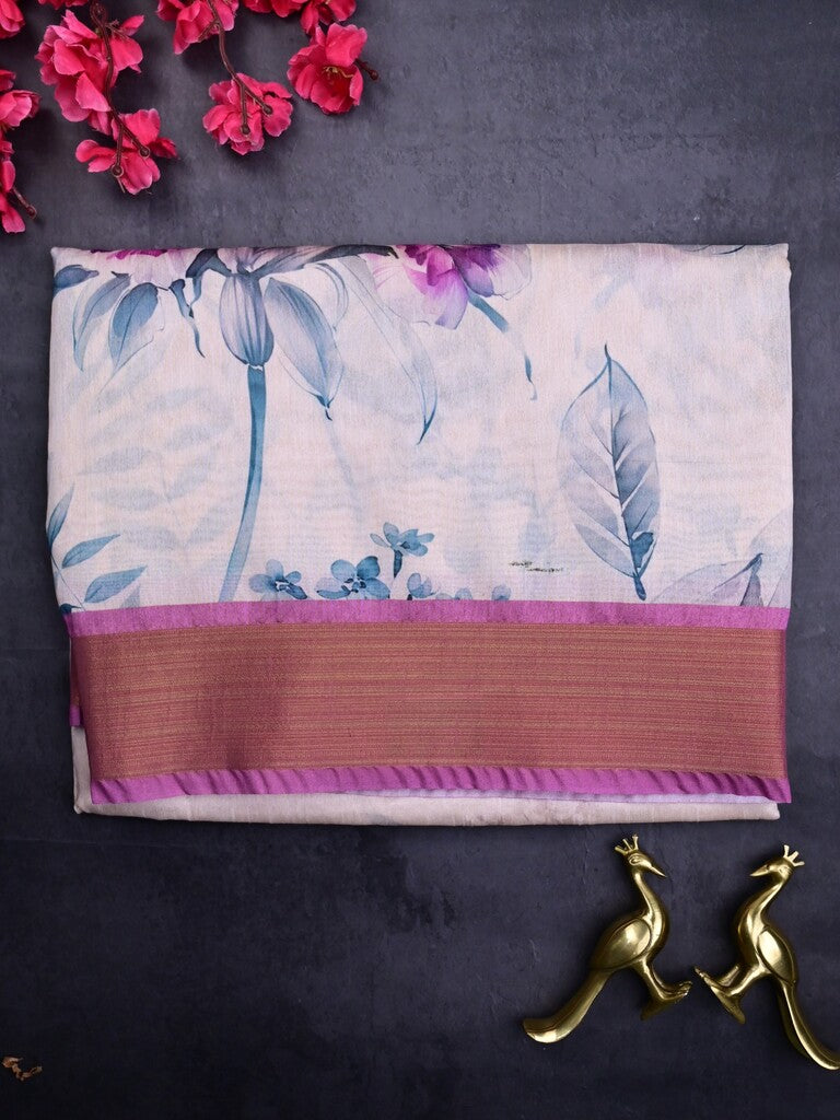 Jute fancy saree white color allover prints & kaddi border with contrast pallu and printed blouse