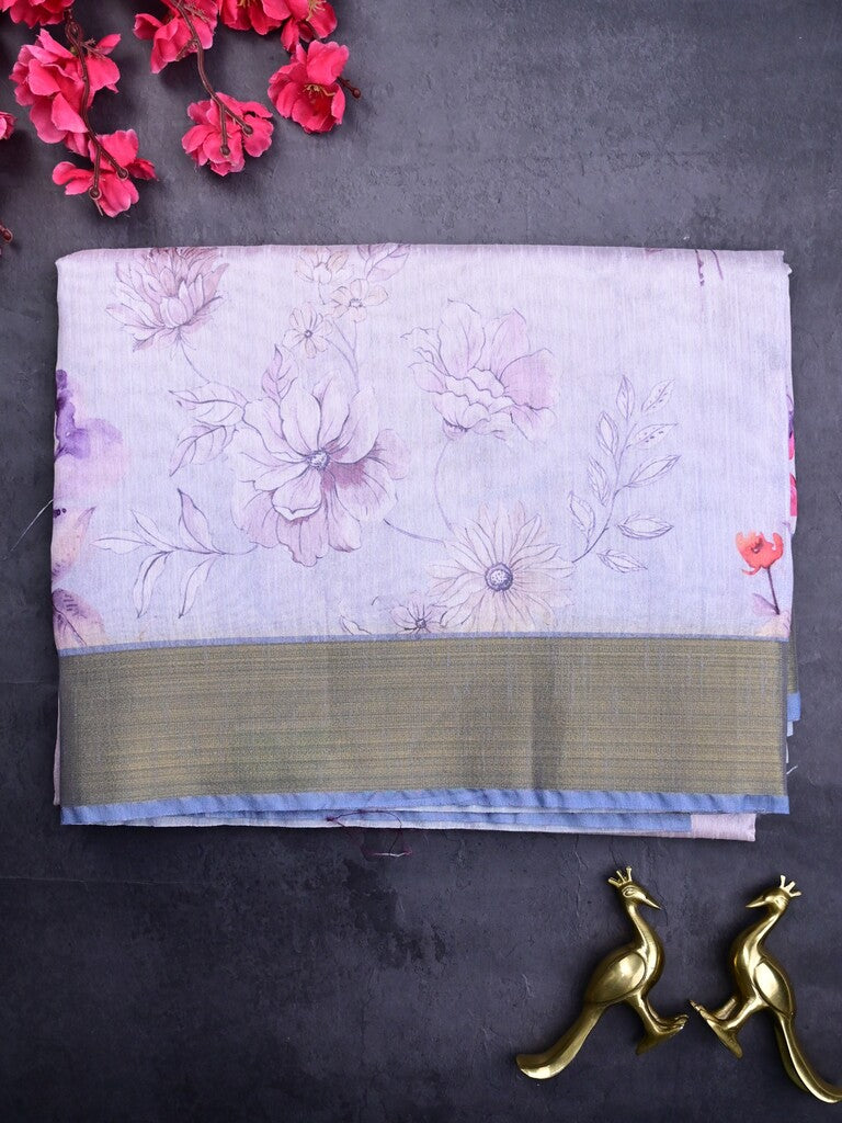 Jute fancy saree pastel blue color allover prints & kaddi border with contrast pallu and printed blouse