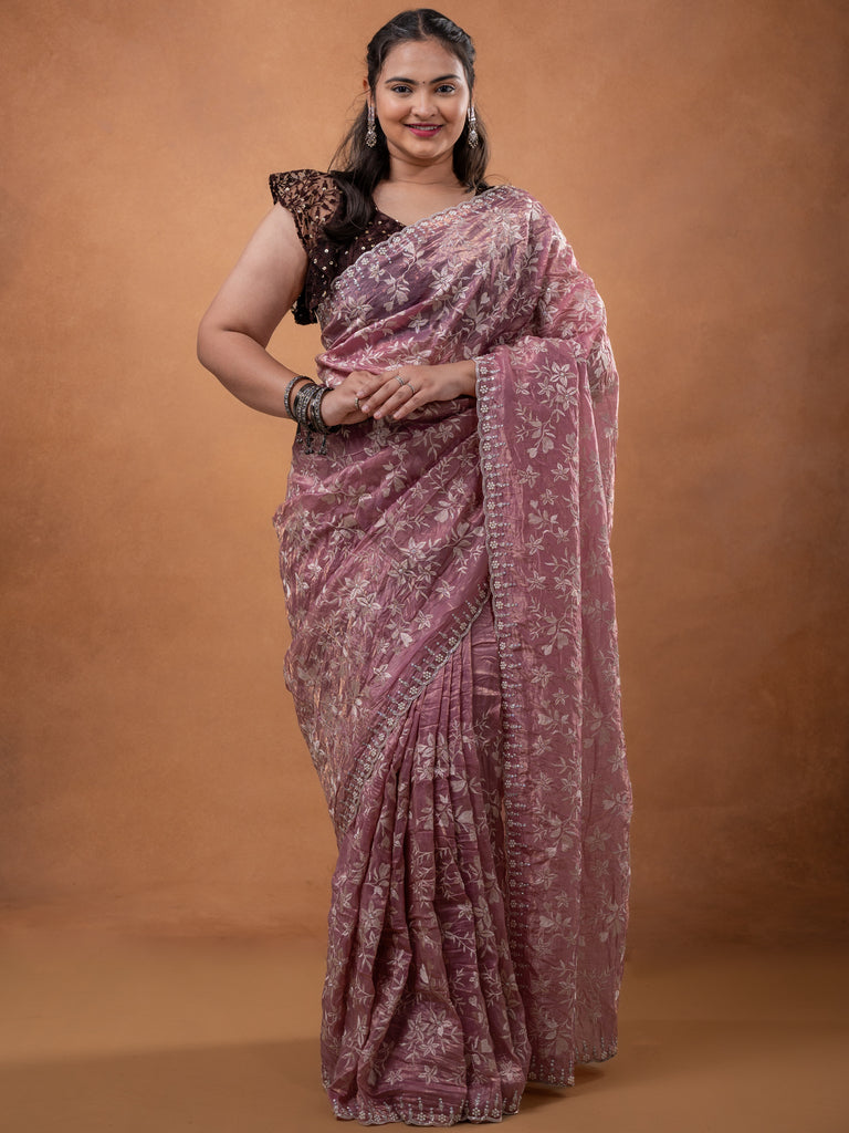Organza crush fancy saree onion pink color allover embroidery & fancy border with running pallu and attached blouse