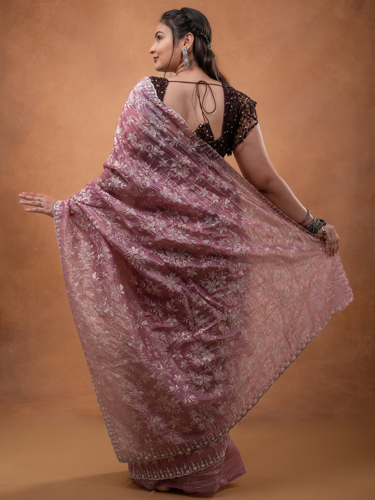 Organza crush fancy saree onion pink color allover embroidery & fancy border with running pallu and attached blouse