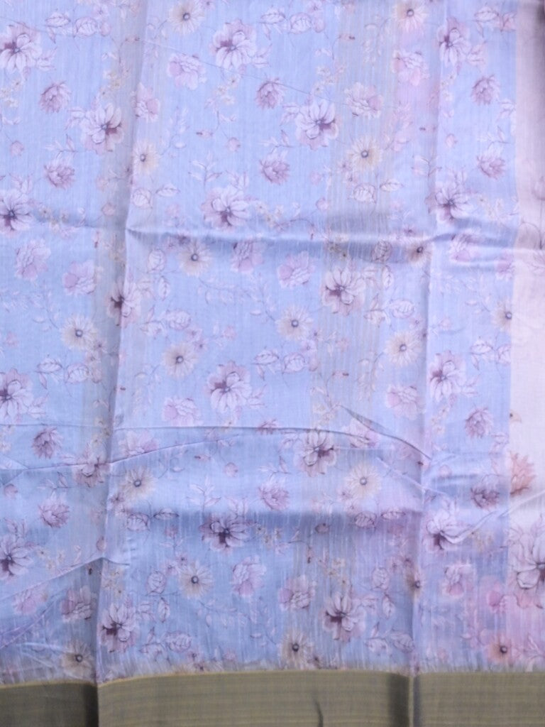 Jute fancy saree pastel blue color allover prints & kaddi border with contrast pallu and printed blouse