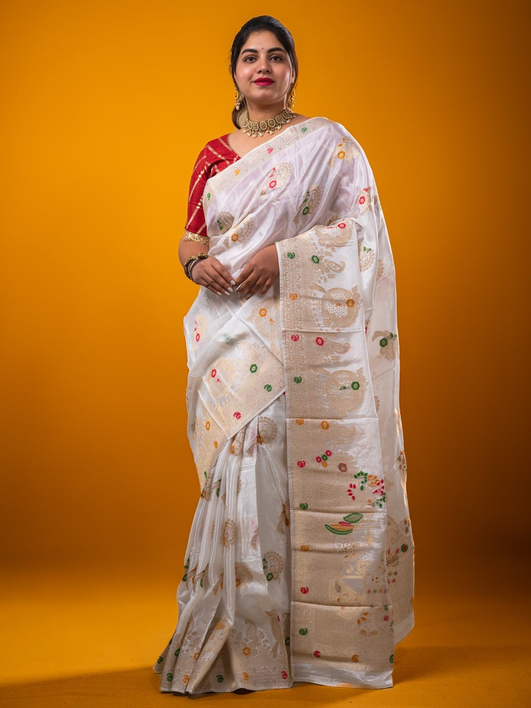 Tabby silk fancy saree white color allover zari weaves & zari border with zari pallu and attached plain blouse