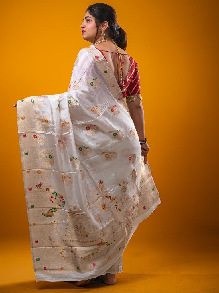 Tabby silk fancy saree white color allover zari weaves & zari border with zari pallu and attached plain blouse