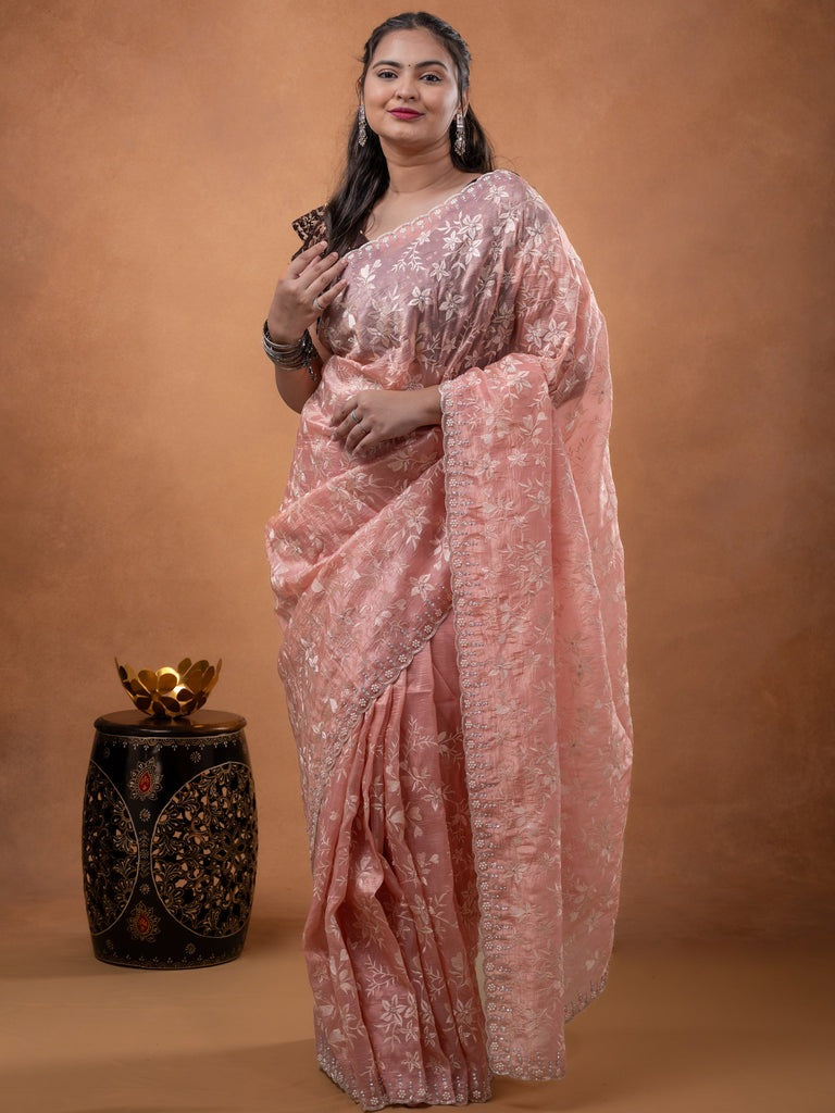 Organza crush fancy saree baby pink color allover embroidery & fancy border with running pallu and attached blouse