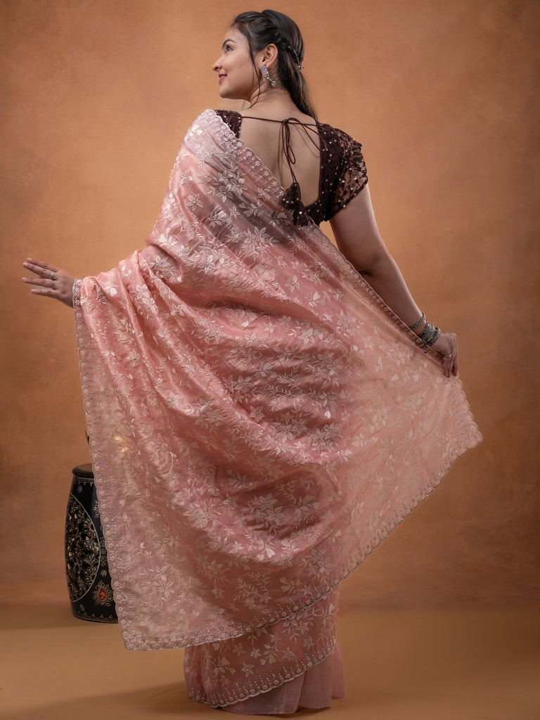 Organza crush fancy saree baby pink color allover embroidery & fancy border with running pallu and attached blouse