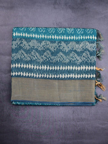 Chanderi cotton saree cyan blue color allover prints & zari border with zari pallu and contrast printed blouse