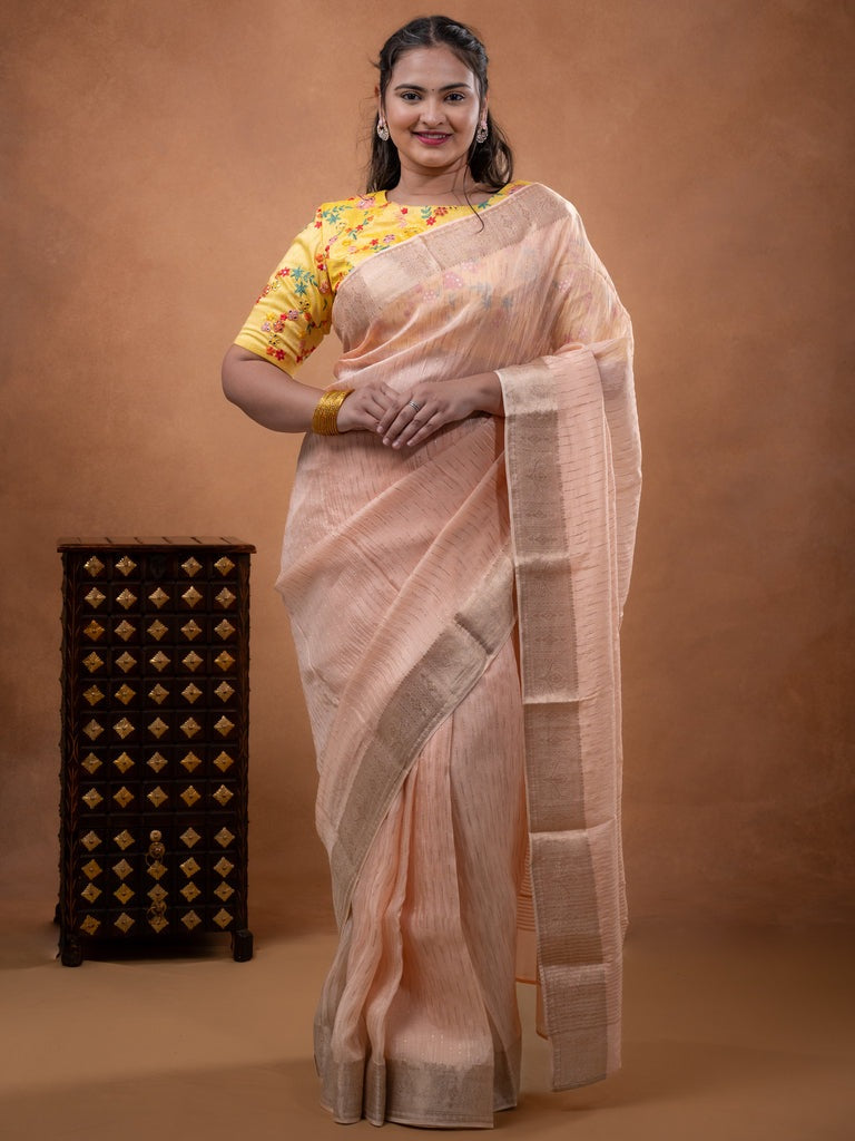 Organza fancy saree pastel pink color allover weaves & zari border with short pallu and plain contrast blouse