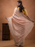 Organza fancy saree pastel pink color allover weaves & zari border with short pallu and plain contrast blouse