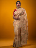 Tabby silk fancy saree beige color allover zari weaves & zari border with zari pallu and attached plain blouse