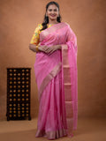 Organza fancy saree light pink color allover weaves & zari border with short pallu and plain contrast blouse