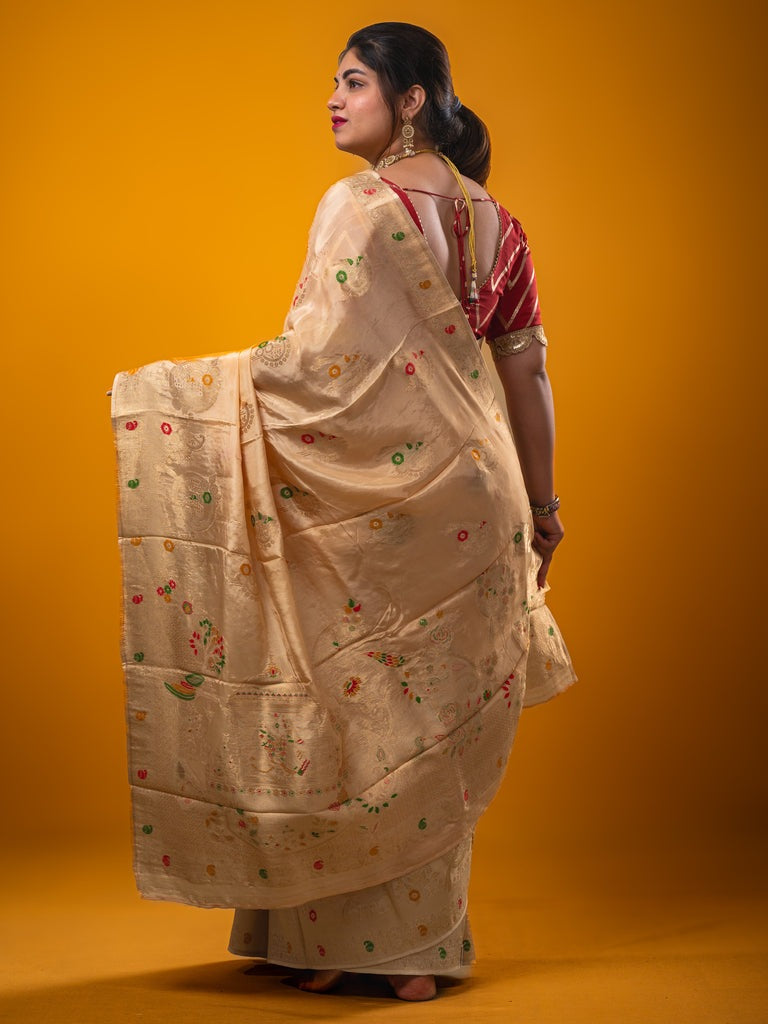 Tabby silk fancy saree beige color allover zari weaves & zari border with zari pallu and attached plain blouse