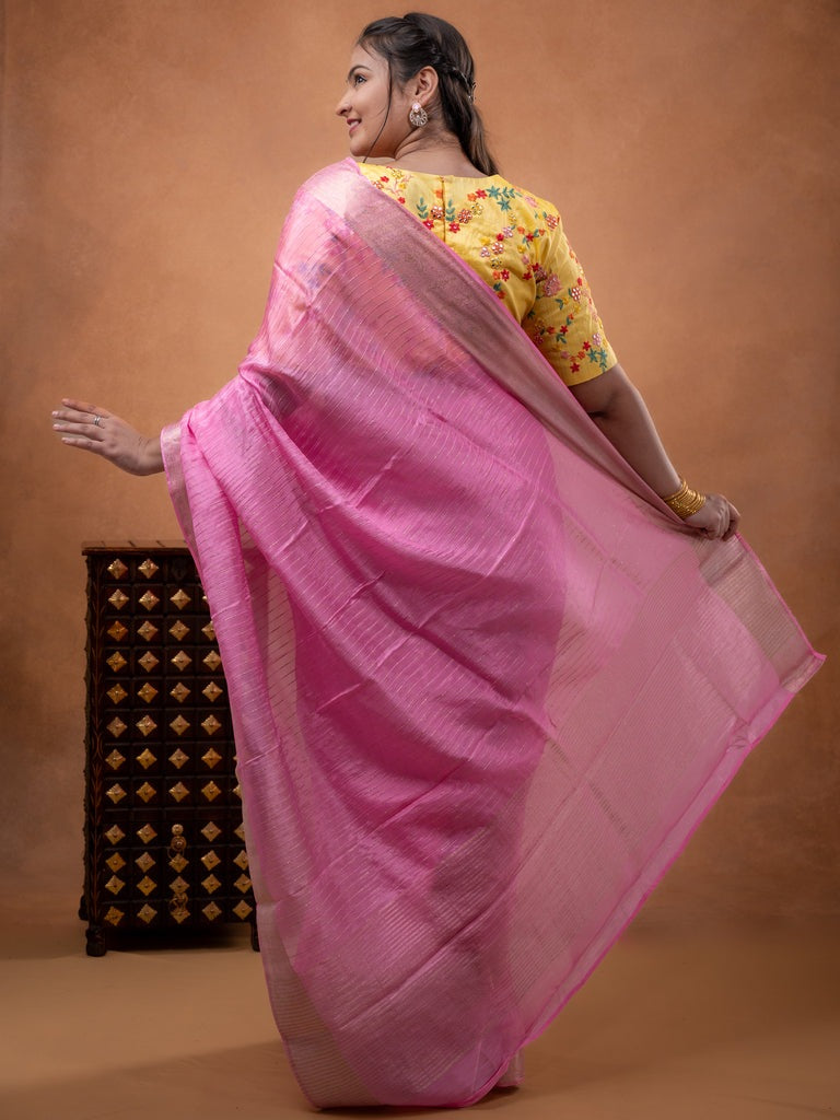 Organza fancy saree light pink color allover weaves & zari border with short pallu and plain contrast blouse