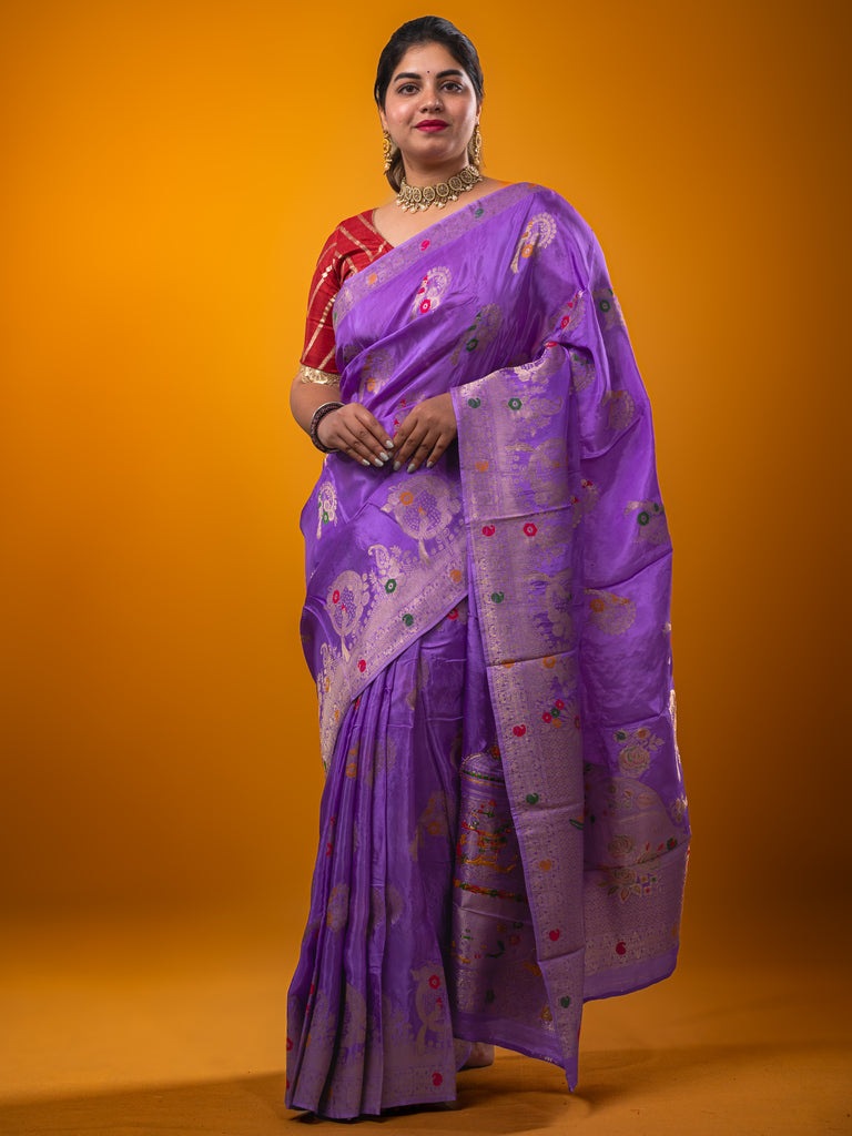 Tabby silk fancy saree lavender color allover zari weaves & zari border with zari pallu and attached plain blouse