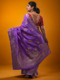 Tabby silk fancy saree lavender color allover zari weaves & zari border with zari pallu and attached plain blouse