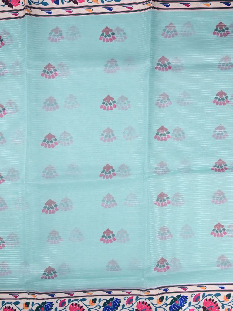 Soft organza fancy saree lux green color allover prints & printed border with printed pallu and printed blouse