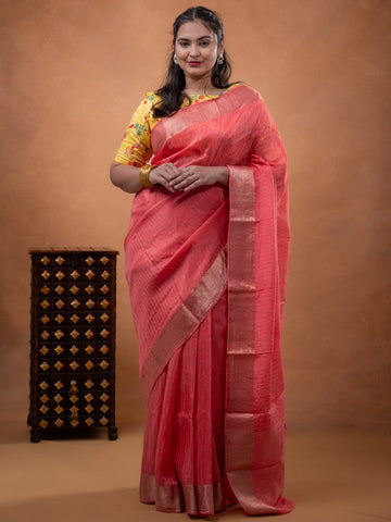 Organza fancy saree coral pink color allover weaves & zari border with short pallu and plain contrast blouse