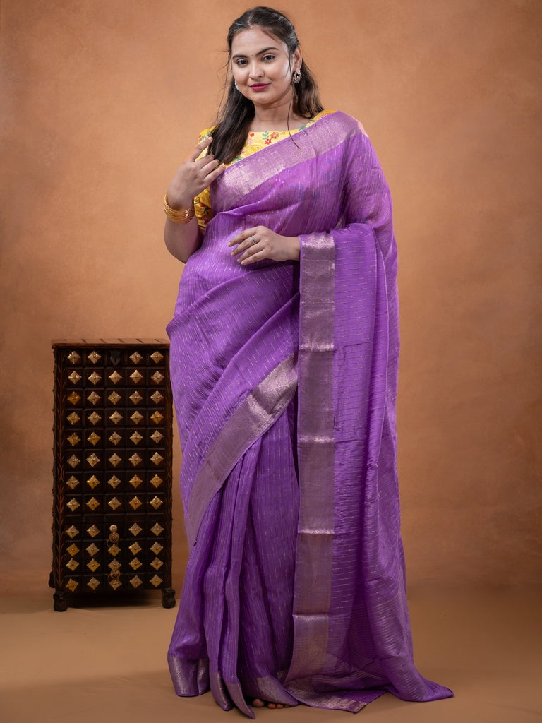 Organza fancy saree lavender color allover weaves & zari border with short pallu and plain contrast blouse