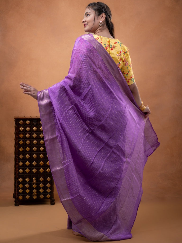 Organza fancy saree lavender color allover weaves & zari border with short pallu and plain contrast blouse