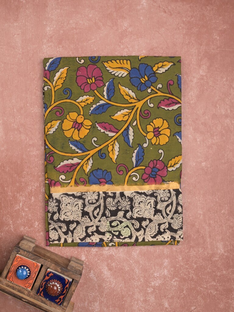 Kalamkari silk fancy olive green color allover prints & contrast border with printed pallu and attached contrast blouse