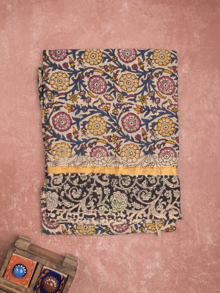 Kalamkari silk fancy saree cream color allover prints & contrast border with printed pallu and attached contrast blouse