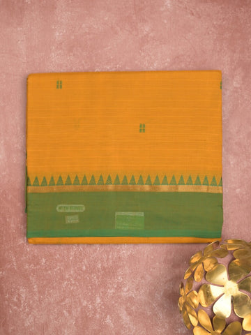 Village cotton saree golden yellow color allover motifs & small kaddi border with self pallu and attached plain blouse