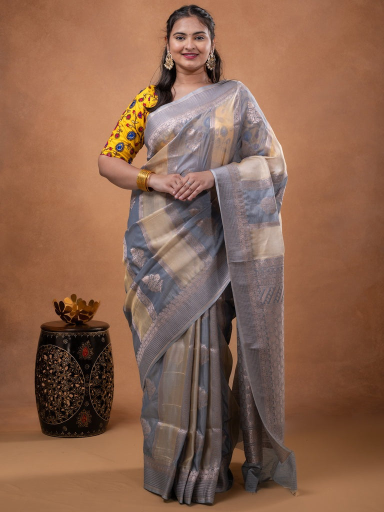 Pure organza fancy saree grey color allover zari weaves & zari border with rich pallu and contrast blouse
