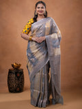 Pure organza fancy saree grey color allover zari weaves & zari border with rich pallu and contrast blouse
