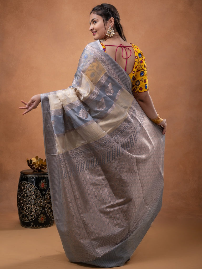 Pure organza fancy saree grey color allover zari weaves & zari border with rich pallu and contrast blouse