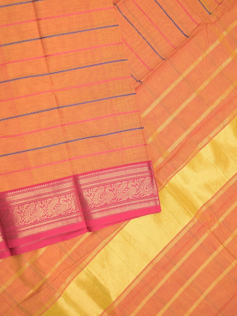 Kanchi cotton saree light orange color with allover stripes and contrast zari border with zari pallu