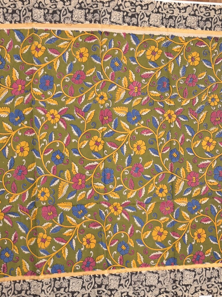 Kalamkari silk fancy olive green color allover prints & contrast border with printed pallu and attached contrast blouse