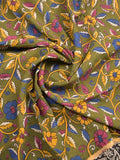 Kalamkari silk fancy olive green color allover prints & contrast border with printed pallu and attached contrast blouse